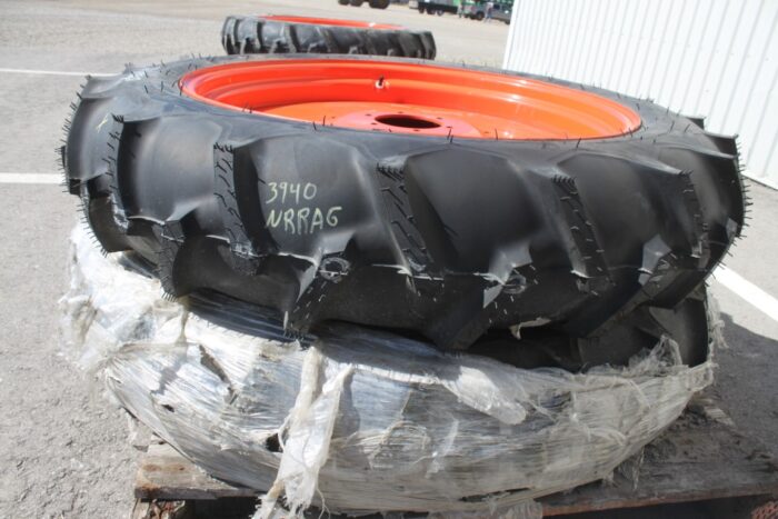 Firestone Pair of 9.5-32 tires on 6 bolt steel Kubota OEM rim, 100% tread, 5 1/4" pilot, 6 3/4" bolt circle, orange - Image 2