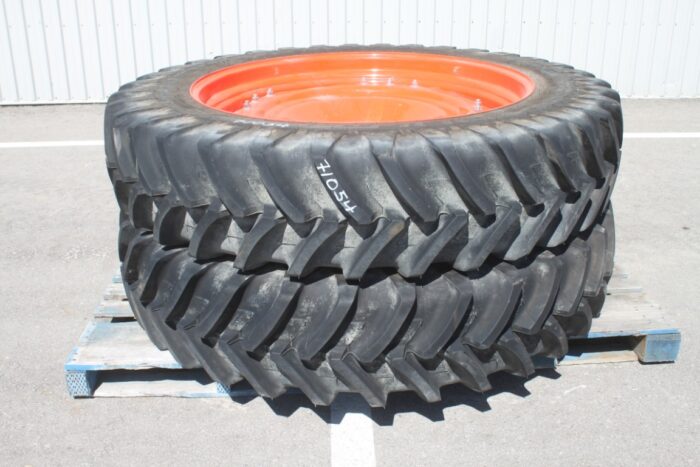Michelin Pair of 380/90R46 tires on 8 bolt steel Kubota OEM rim, 100% tread, 8 3/4"pilot, 10 3/4" bolt circle, orange
