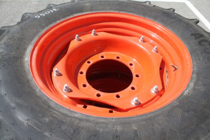 Mitas Pair of 380/85R30 tires on 10 bolt steel Kubota OEM rim, 90% tread, 11"pilot, 13" bolt circle, orange - Image 3