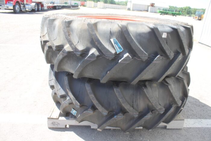 Mitas Pair of 380/85R30 tires on 10 bolt steel Kubota OEM rim, 100% tread, 11"pilot, 13" bolt circle, orange - Image 2