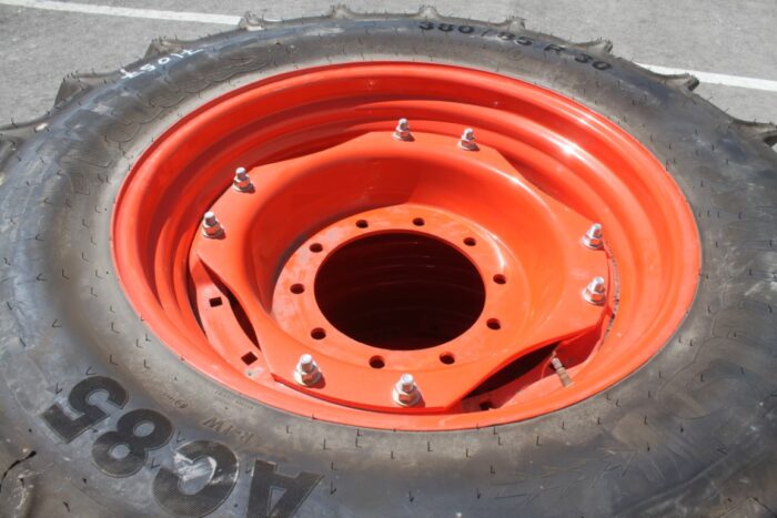 Mitas Pair of 380/85R30 tires on 10 bolt steel Kubota OEM rim, 100% tread, 11"pilot, 13" bolt circle, orange - Image 3