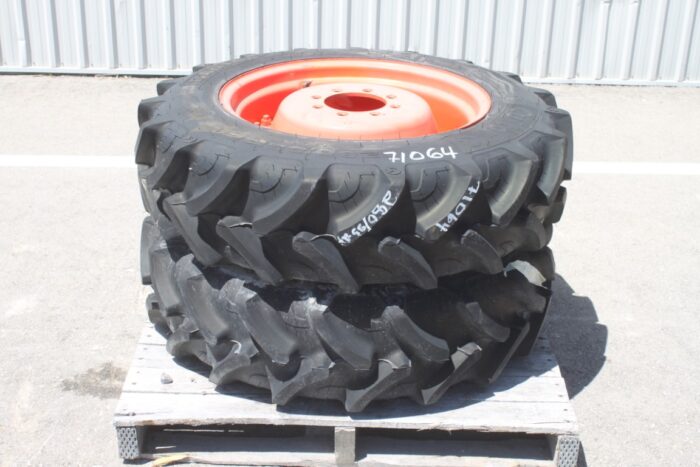 Cultor Pair of 280/85R24 tires on 8 bolt steel Kubota OEM rim, 100% tread, 6"pilot, 8" bolt circle, orange
