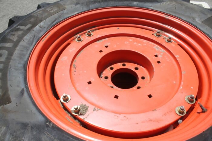 Cultor Pair of 460/85R34 tires on 8 bolt cast Kubota OEM rim, 100% tread, 6"pilot, 8" bolt circle, orange - Image 3