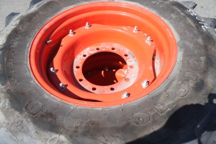 Firestone Pair of 420/85R28 tires on 10 bolt steel Kubota OEM rim, 100% tread, 11"pilot, 13" bolt circle, orange - Image 5
