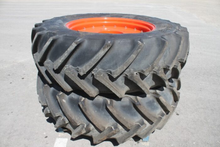 Mitas Pair of 460/85R38 tires on 8 bolt cast Kubota OEM rim, 100% tread, 6"pilot, 8" bolt circle, orange - Image 3