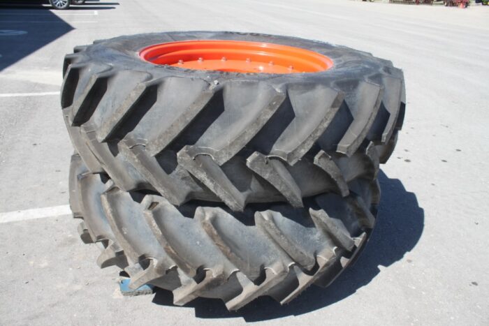 Mitas Pair of 460/85R38 tires on 8 bolt cast Kubota OEM rim, 100% tread, 6"pilot, 8" bolt circle, orange - Image 4