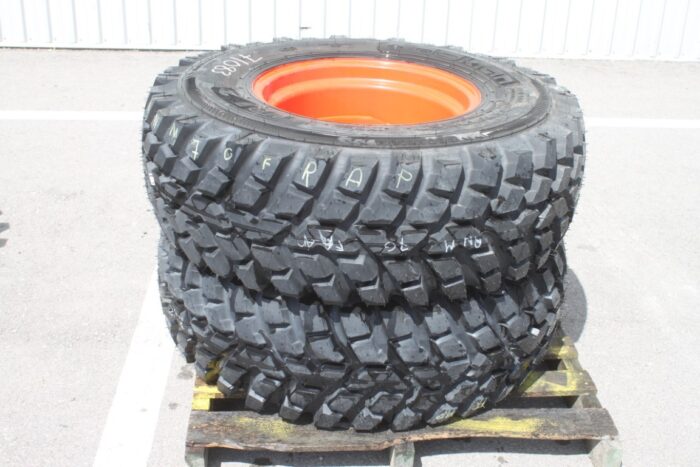 Nokian Pair of 360/80R20 tires on 8 bolt steel Kubota OEM rim, 100% tread, 6"pilot, 8" bolt circle, orange