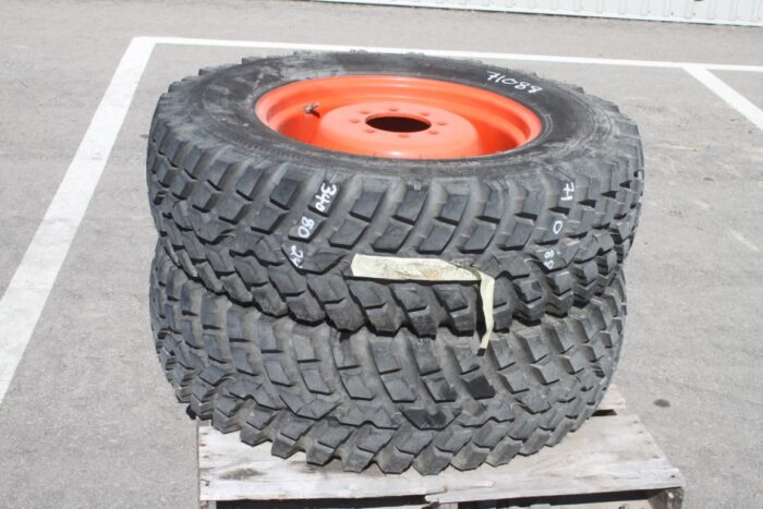 Nokian Pair of 340/80R24 tires on 8 bolt steel Kubota OEM rim, 100% tread, 6"pilot, 8" bolt circle, orange