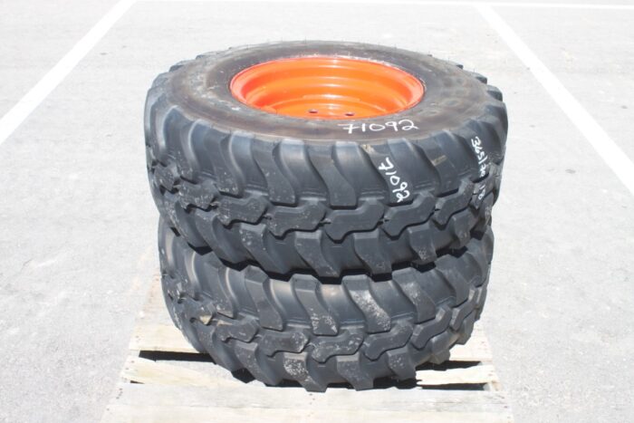 Dunlop Pair of 365/70R18 tires on 8 bolt steel Kubota OEM rim, 90% tread, 8 3/4"pilot, 10 3/4" bolt circle, orange