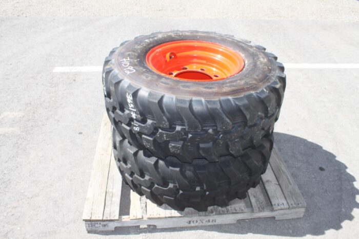 Dunlop Pair of 365/70R18 tires on 8 bolt steel Kubota OEM rim, 90% tread, 8 3/4"pilot, 10 3/4" bolt circle, orange - Image 2