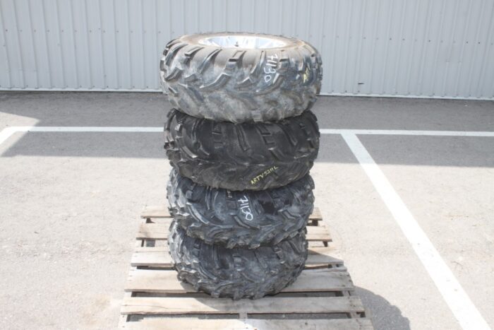 mag off road set of 4/ 25x10.00-12 tires on 4 bolt Kubota RTV rim, 100% tread