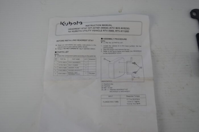 headrest stay kit for Kubota utility vehicle RTV-X900, RTV-X1120D, part number V5230 - Image 2