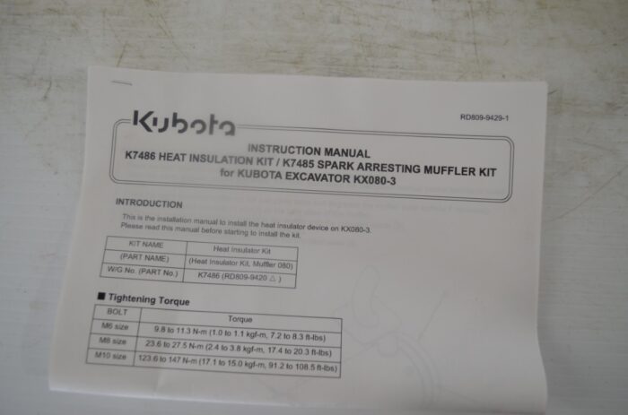 一 Heat insulation kit, part number K7486  (fits KX080-3)K7486 heat insulation kit / K7485 spark arresting muffler kit for Kubota excavator KX080-3 - Image 2