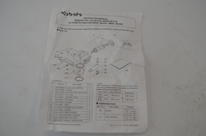 Kubota remote hydraulic valve to fit M95S, M96S, M105S, M108S tractors, part number M9669A (3N600-9017-5) - Image 11