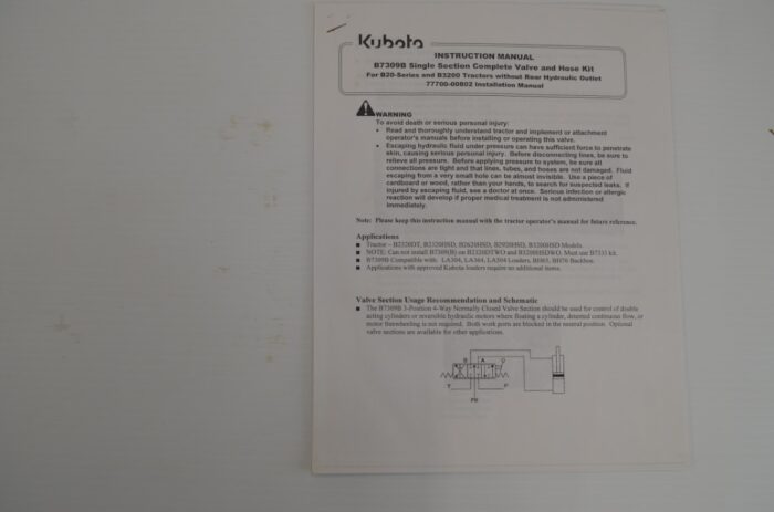 一 Kubota B7309B Single section complete valve and hose kit for B20-Series and B3200 tractors with out rear hydraulic outlet, 777000-00802 instruction manual - Image 4