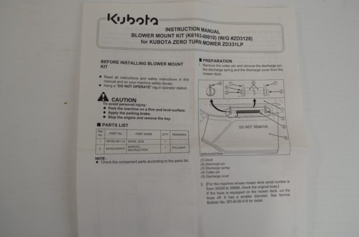 Kubota blower mount kit to fit ZD331LP , part number K6163-00010