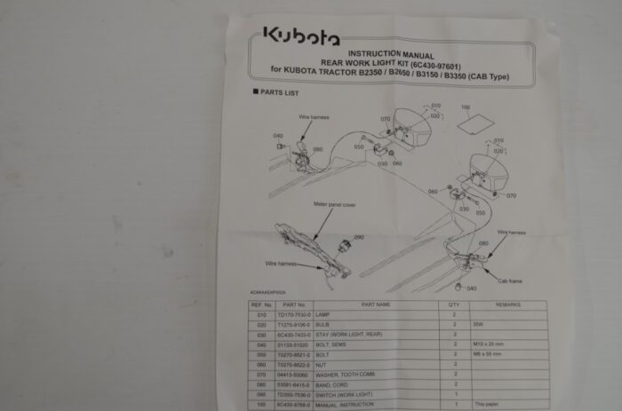 一 rear work light kit, to fit B2350, B2650, B3150, B3350, part number 6C430-97601 - Image 3