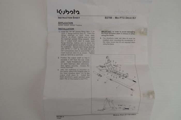 一 Kubota B2788 mid pto drive kit to fit B2320, B2620, B2920