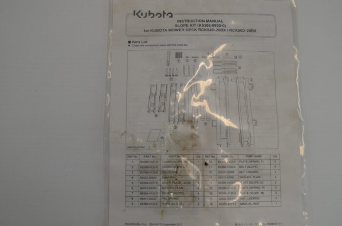 一 Kubota BX2420 mower deck slope kit, K5386-99301, fits mower deck RCK54D-26BX, RCK60D-26BX