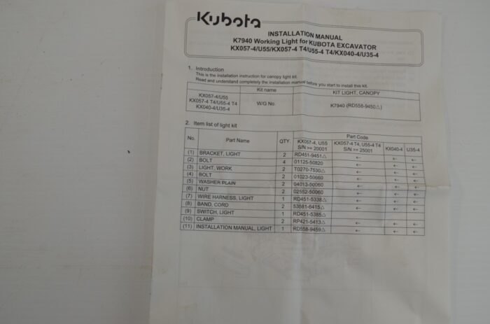 一 Kubota K7940 light kit to fit excavators, U35, U55-4, KX033-4, KX040-4, KX057-4 - Image 5