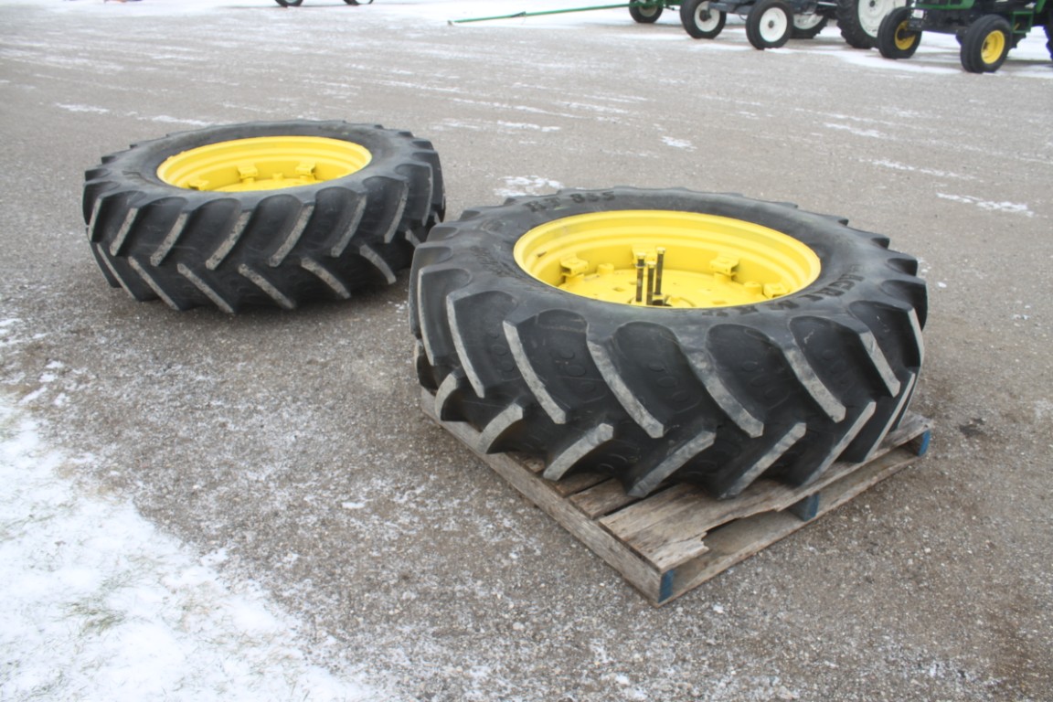 BKT 2- 460/85R-38 tires on cast rim assemblies, off of JD 6400 tractor, R & P axle, tread 85% - Image 3