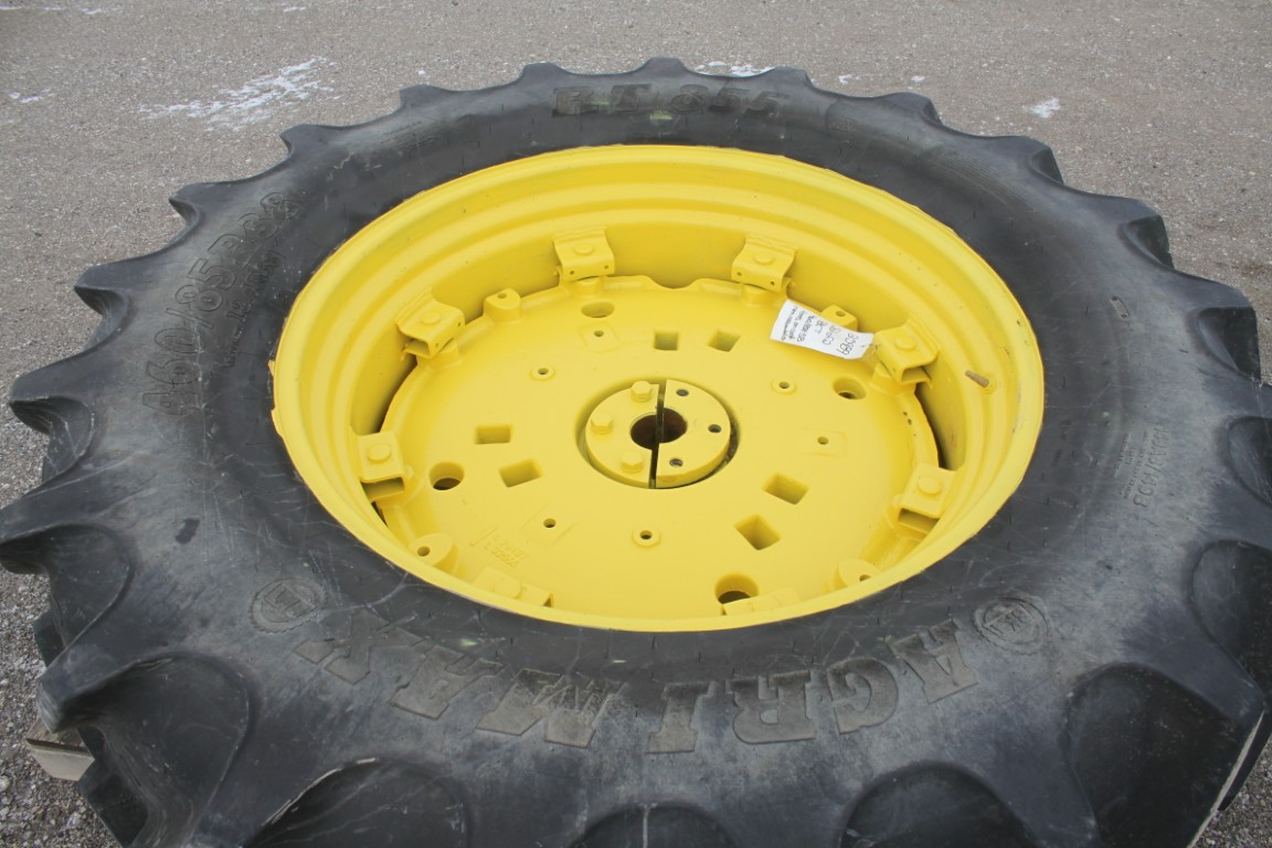 BKT 2- 460/85R-38 tires on cast rim assemblies, off of JD 6400 tractor, R & P axle, tread 85% - Image 4