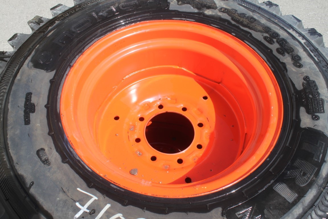 Nokian Pair of 360/80R20 tires on 8 bolt steel Kubota OEM rim, 100% tread, 6"pilot, 8" bolt circle, orange - Image 5